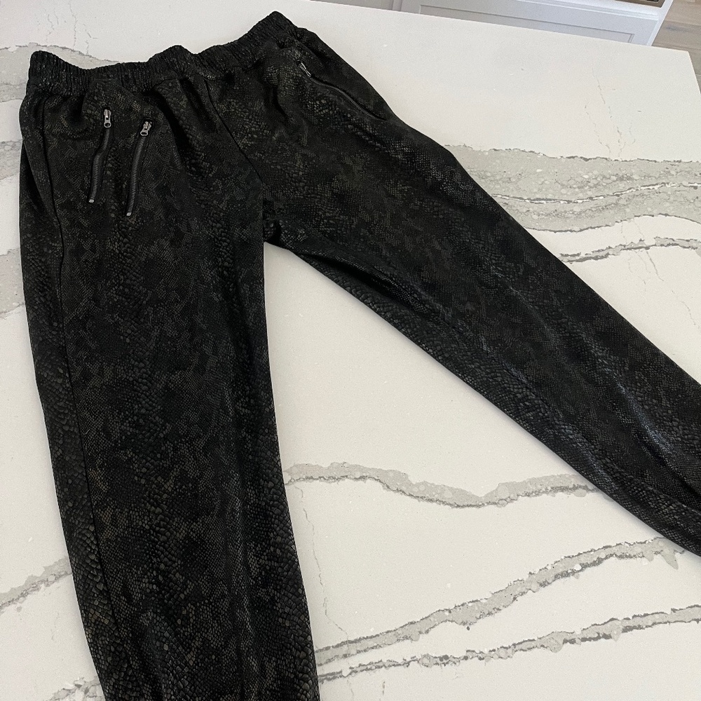 Black Subtle Snakeskin Print Trendy Joggers with front Zippers